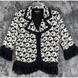 Amanda Collection Black & White Floral Lace Ruffle Trim Button Front‎ Jacket M